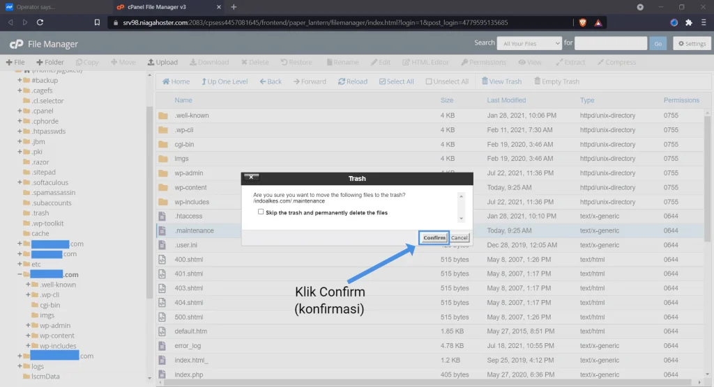 Konfirmasi penghapusan file maintenance