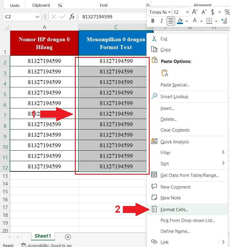 Cara menampilkan angka 0 di Excel menggunakan format text