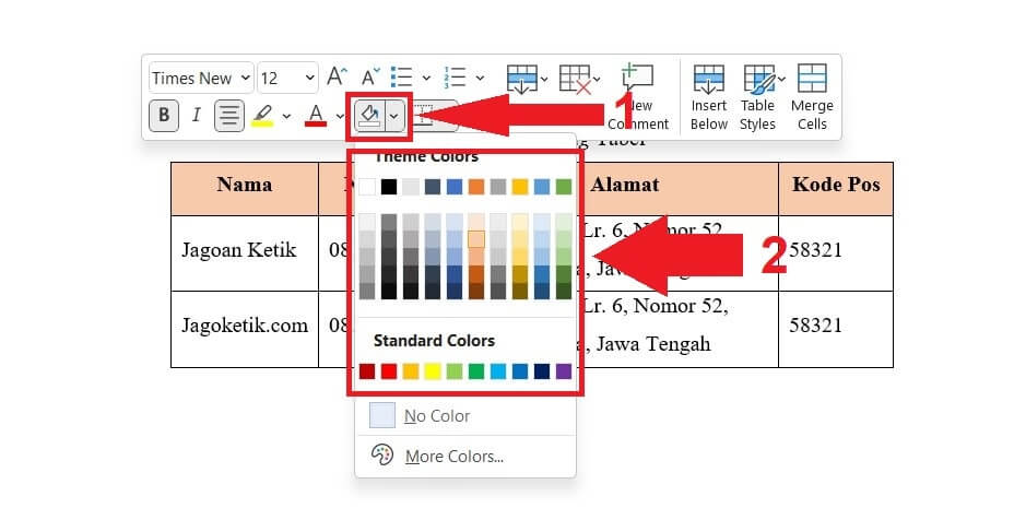 Cara mewarnai kolom di Word dengan menyorot atau klik kanan