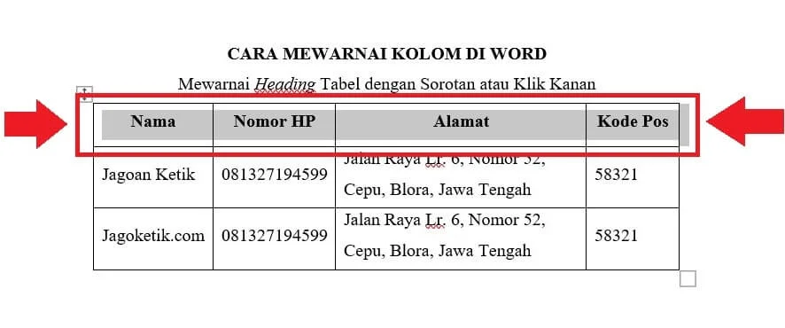 Cara mewarnai kolom di Word dengan sorotan atau klik kanan