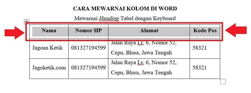 Cara memberi warna kolom tabel di Word menggunakan keyboard