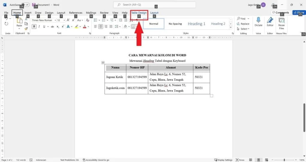 Cara memberi warna kolom di Word menggunakan keyboard