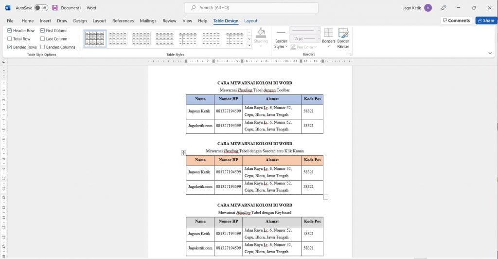 Cara memberi warna pada kolom tabel di Word