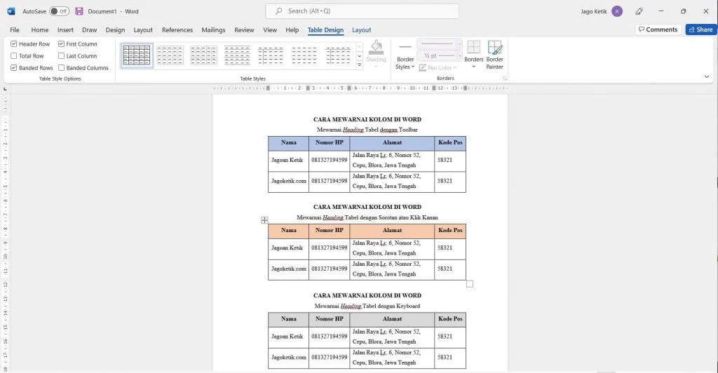 Cara memberi warna pada kolom tabel di Word