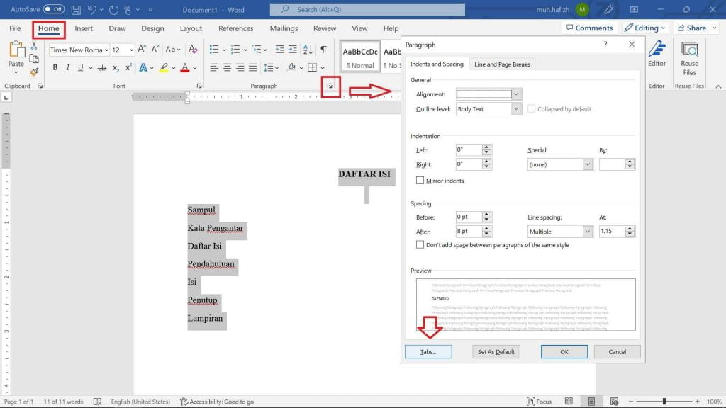 Cara Bikin Daftar Isi #3 Masuk ke "Home" → "Paragraph" → "Tabs"