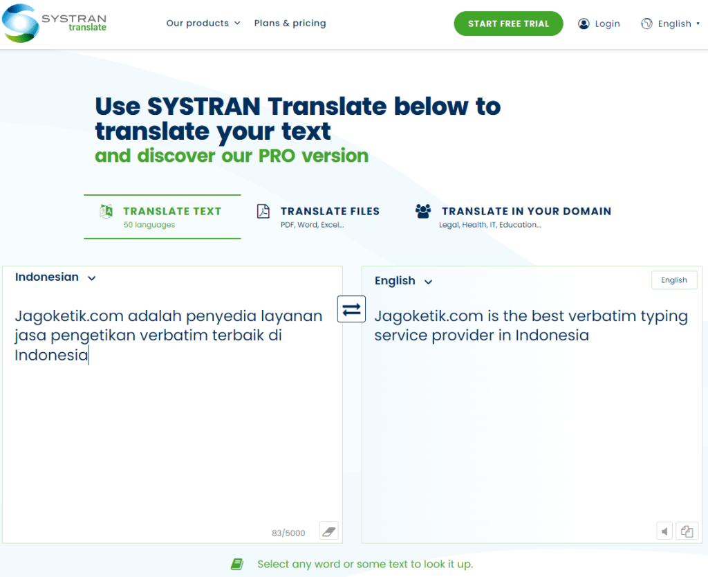 Situs translate terbaik dan paling akurat: Systran Translation untuk menerjemahkan tulisan dari bahasa Indonesia ke Inggris