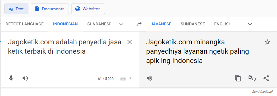 Menerjemahkan tulisan dari Bahasa Indonesia ke bahasa Jawa menggunakan Google Translate