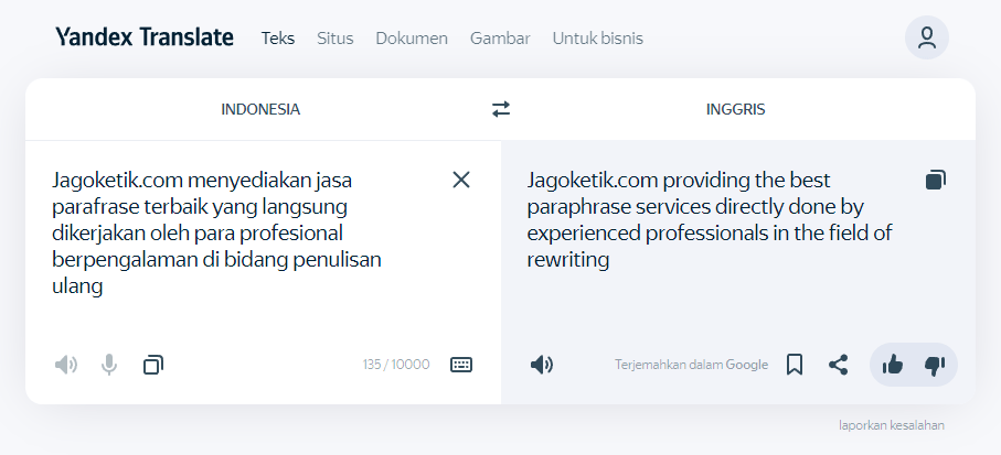 Situs translate terbaik dan paling akurat: Yandex Translate untuk menerjemahkan tulisan dari bahasa Indonesia ke Inggris