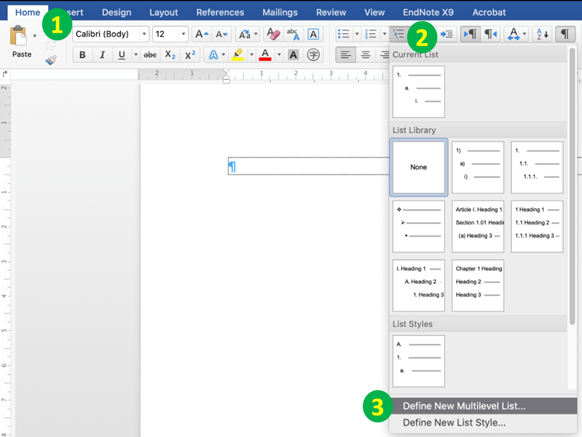 Gambar 2 Proses membuka multilevel list di Microsoft Office Word