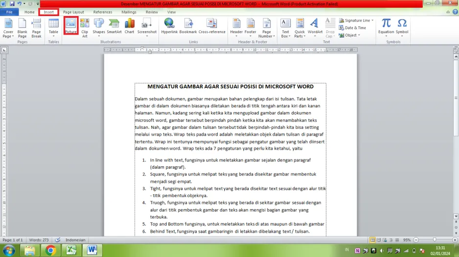 Mengatur Gambar Agar Sesuai Posisi di Microsoft Word