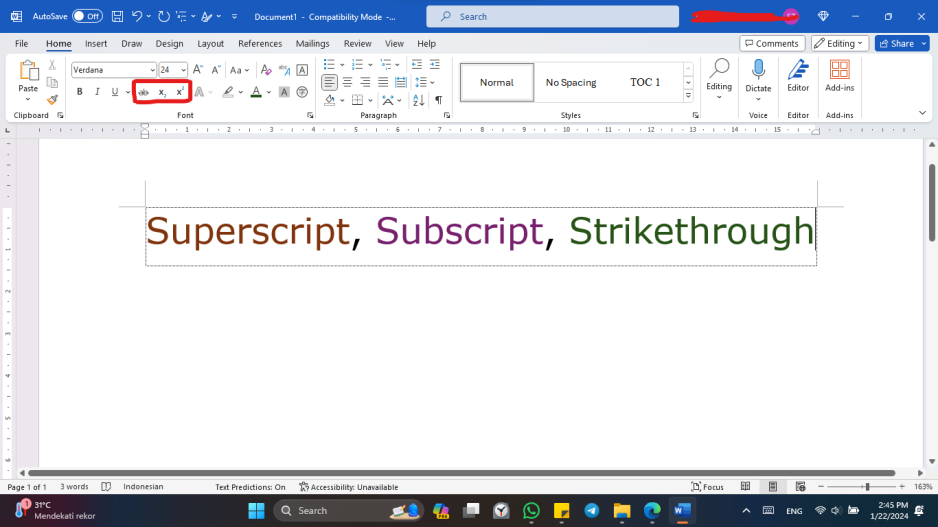 Memanfaatkan Superscript, Subscript, dan Strikethrough dalam Microsoft Word
