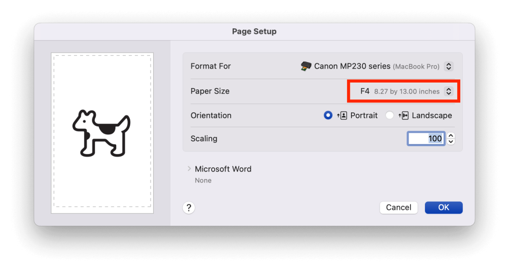 6. Cara mengubah ukuran kertas F4 di Word MacOS