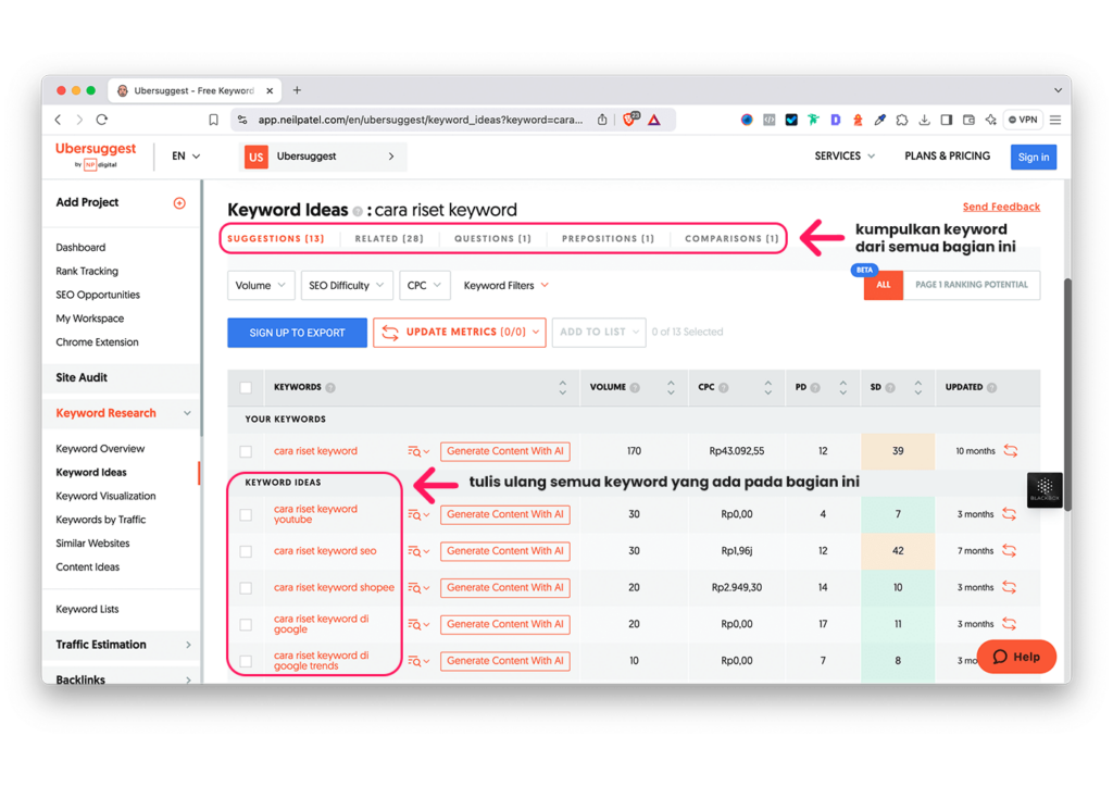 Cara riset kata kunci di Ubersuggest 1