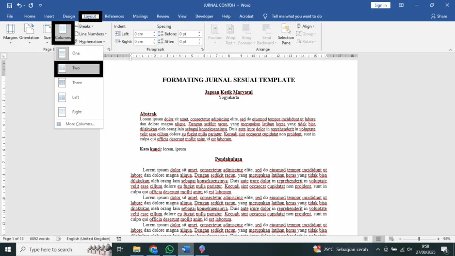 Fungsi Menu Continuous pada Formating Jurnal